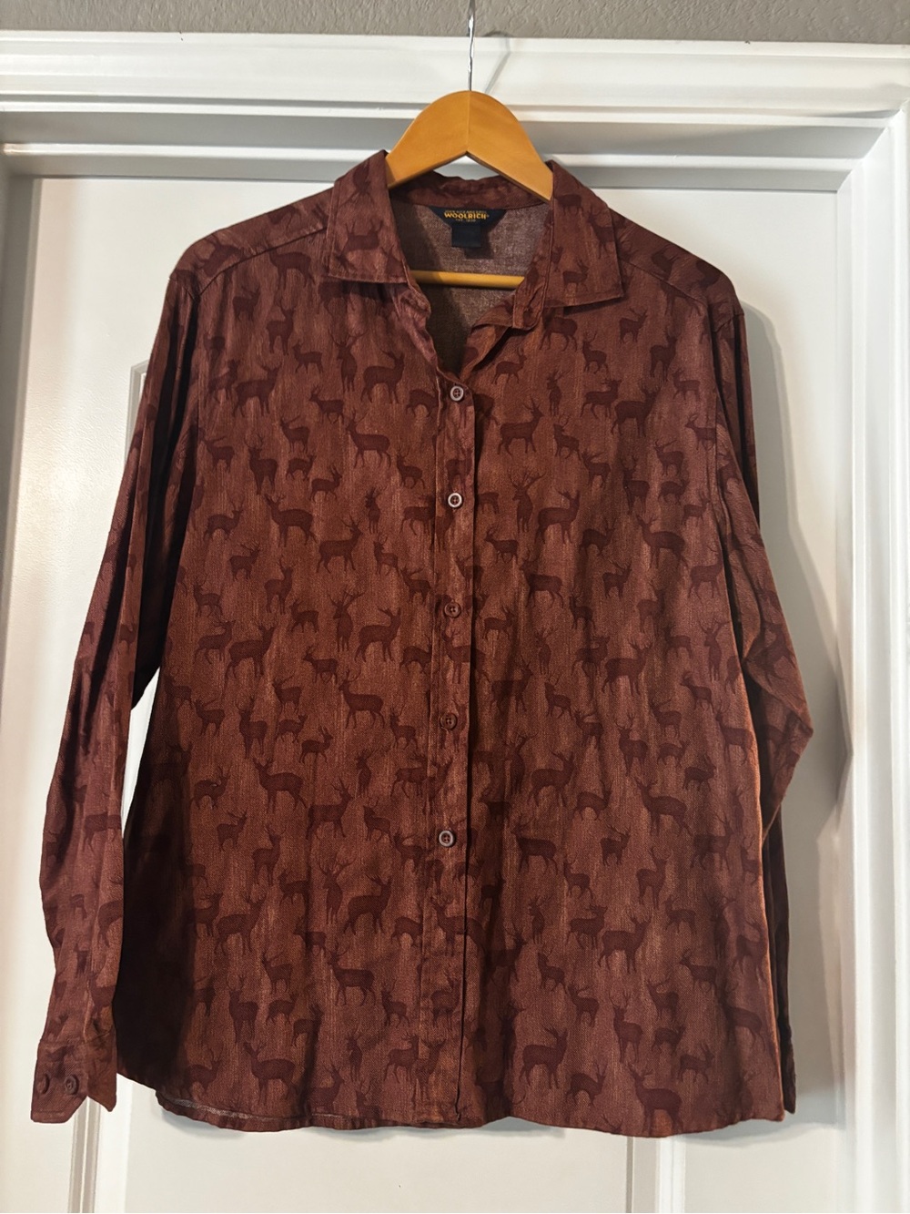Woolrich Women’s burgundy/brown Button-Down Shirt with Deer Pattern